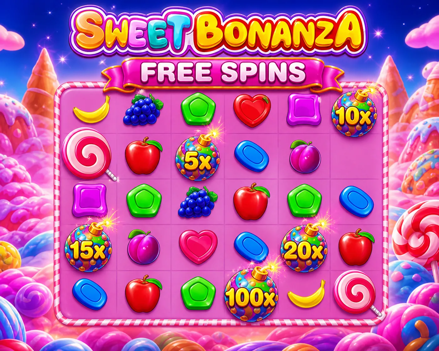 Sweet Bonanza Free Spins ve Sugar Bomb ekranı